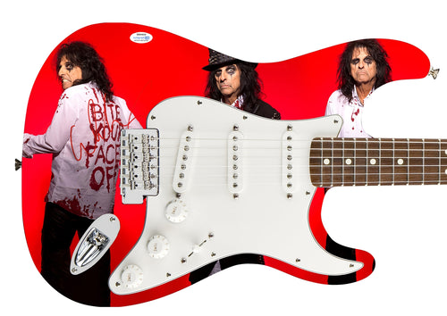 Alice Cooper Autographed 3x Bloody Photo Graphics Strat Guitar