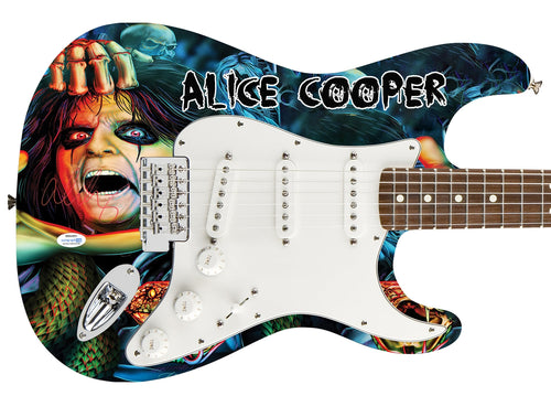 Alice Cooper Autographed Skull Snakes Photo Graphics Strat Guitar