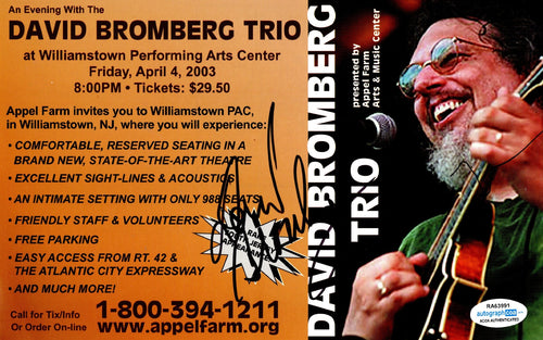 David Bromberg Trio Autographed 6x9 Pomo Photo Card w Ticket