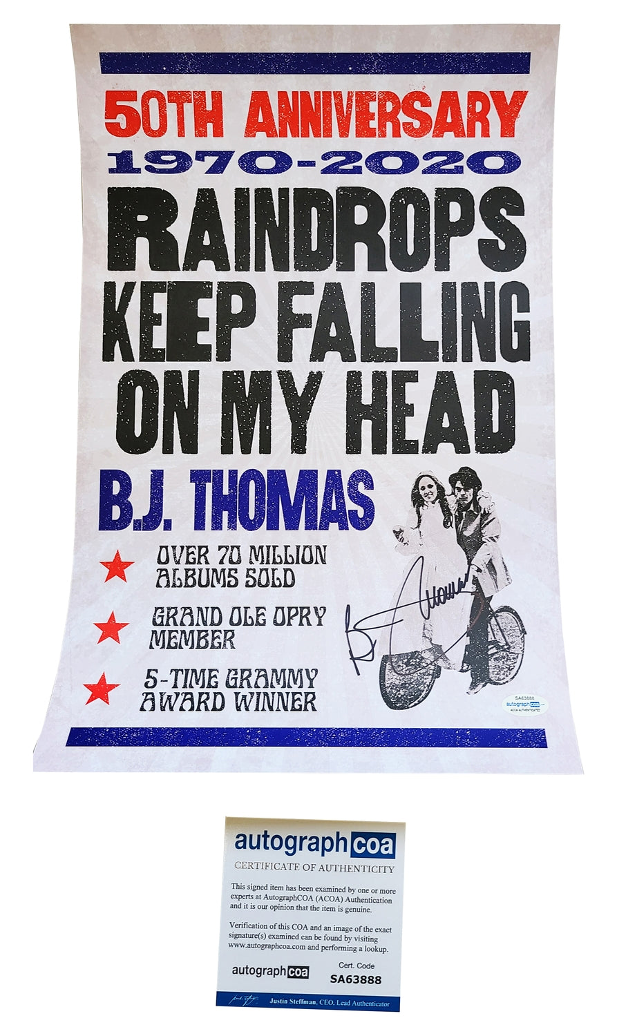 B.J. Thomas Autographed Signed 12x18 Raindrops Keep Falling Poster