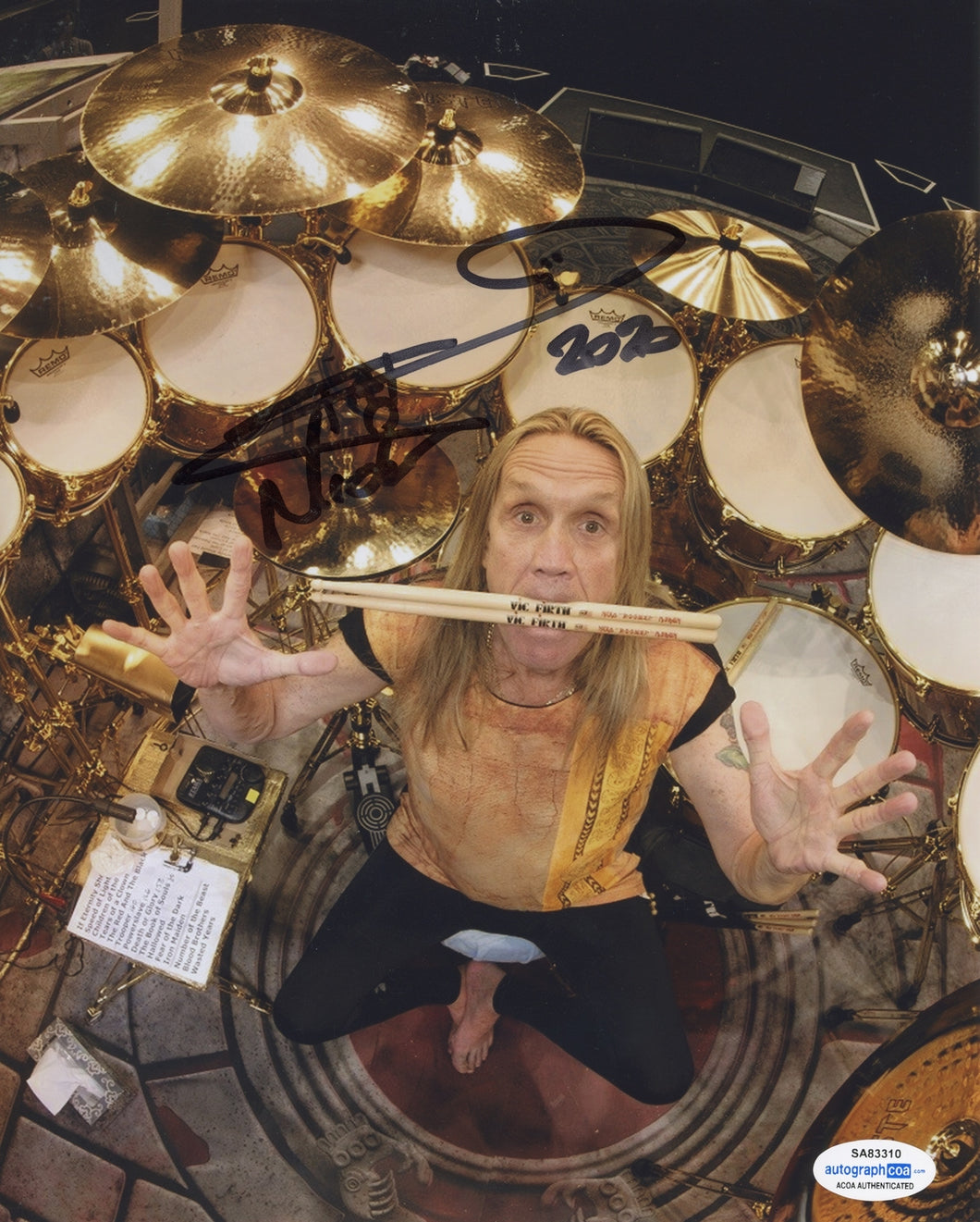 Iron Maiden Nicko McBrain Autographed Live Drummer In Concert Photo
