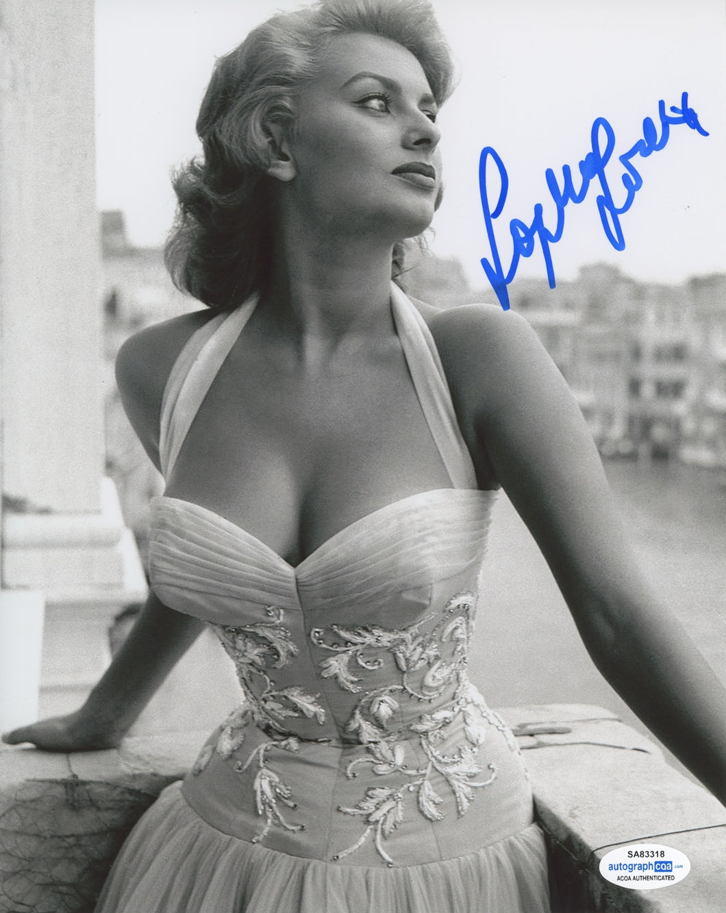 Sophia Loren Autographed White Lace Dress Bare Shoulders B/W 8x10 Photo