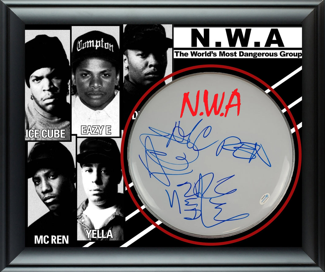 NWA N.W.A. Ice Cube DJ Yella MC Ren Signed DrumHead Drum Head Display