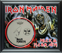 Load image into Gallery viewer, Iron Maiden Nicko McBrain Signed Custom Framed Drum Head Drumhead Display
