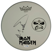 Load image into Gallery viewer, Iron Maiden Nicko McBrain Signed Custom Framed Drum Head Drumhead Display ACOA
