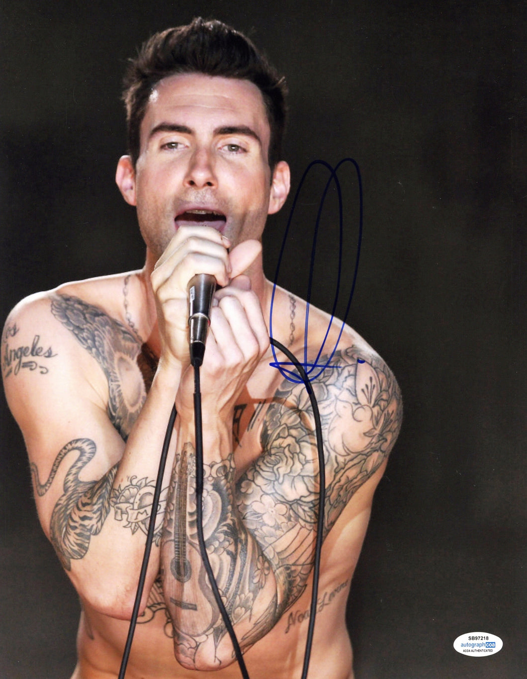 Adam Levine Autographed Signed 11x14 Bare Chest Tattoos Singing Photo