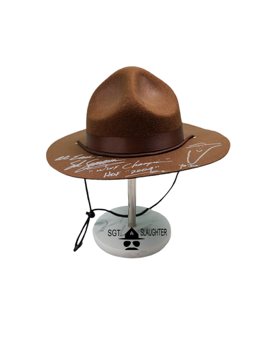 Sgt. Slaughter Signed Drill Sergeant Hat w Display Stand 4 Quotes & Sketch
